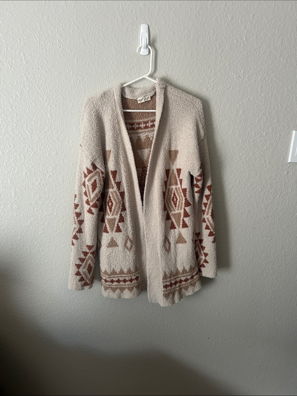 Cream Aztec Open-Front Knit Cardigan with Rust Pattern